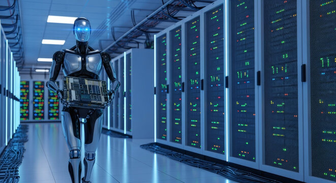 Futuristic robot carrying circuit board in server room, embodying advanced technology and data management for innovative digital solutions and AI integration