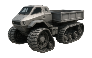 Lunar vehicle with broad tracks and a spacious cargo area.