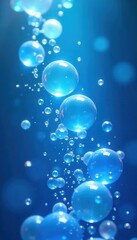White bubbles ascend in a vibrant blue flarium setting , glossy, smooth, form