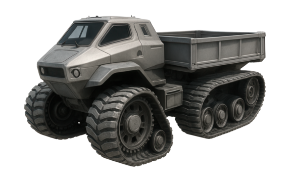 Lunar vehicle with broad tracks and a spacious cargo area.