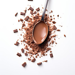 Milk Chocolate Pieces on Spoon with Small Crumbs Top View on Transparent Background