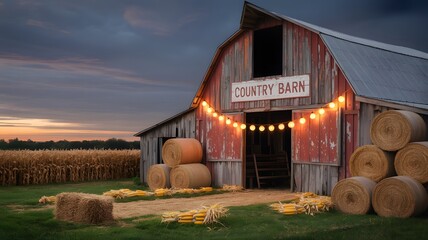 Rustic country barn decorated with warm string lights at twilight with bales of hay and corn stalks in a rural landscape at sunset
