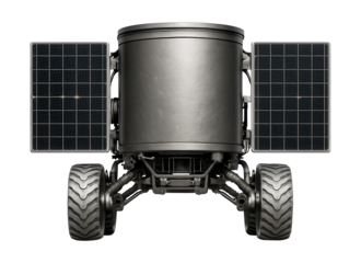 Lunar rover with a cylindrical body and retractable solar panels.