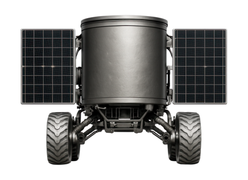 Lunar rover with a cylindrical body and retractable solar panels.