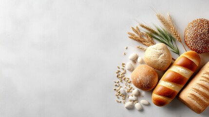 Freshly Baked Bread and Pastries with Wheat Grains on Light Background for Culinary and Bakery Related Use in Cooking and Recipe Design Projects