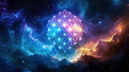 A glowing, geometric crystal structure floats in the vast expanse of space, surrounded by colorful nebulae and countless stars. The scene is illuminated by the
