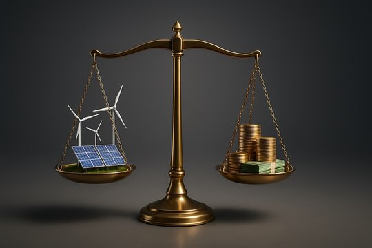 Golden Balance Scale Weighing Wind Turbines Solar Panels Against Money Coins and Notes. Energy Payback concept.