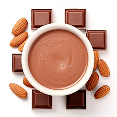 Milk Chocolate Squares in Cup with Almonds Top View on Transparent Background