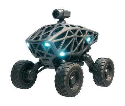 Lunar rover featuring a lattice design and integrated LED lights.