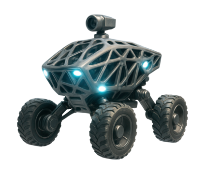Lunar rover featuring a lattice design and integrated LED lights.