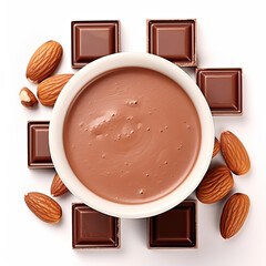 Milk Chocolate Squares in Cup with Almonds Top View on Transparent Background