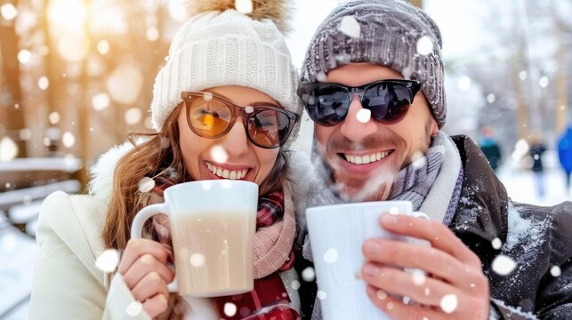 Smiling couple in winter attire enjoying hot beverages during a sunny snowfall
