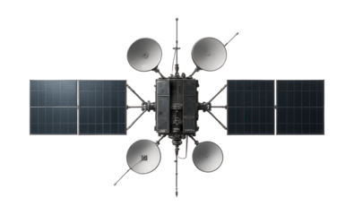 Large geostationary satellite featuring extended solar panels and multiple antennas.