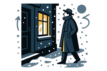 Snowy Solitude. Quiet street. A lone figure in a long coat pauses by a warmly lit window, snow gathering