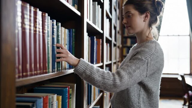 Woman Browsing Books on Shelves in Old Library