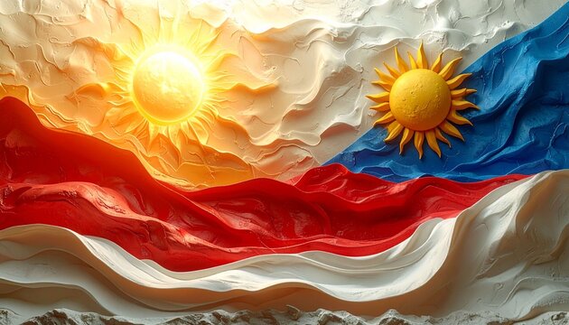 An artistic and textured representation of the Philippine national flag, featuring the colors red, white, and blue flowing in a wavy pattern. A yellow sun with eight rays is visible above the flag.n