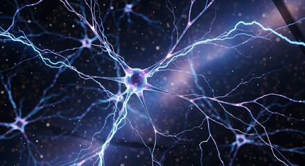 Close-up view of glowing neurons with electric blue connections on a dark background with purple and pink hues.