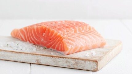 Fresh Salmon Delicacy: A vibrant fillet of salmon rests gracefully on a wooden board, subtly enhanced by a scattering of coarse salt, inviting a culinary experience.