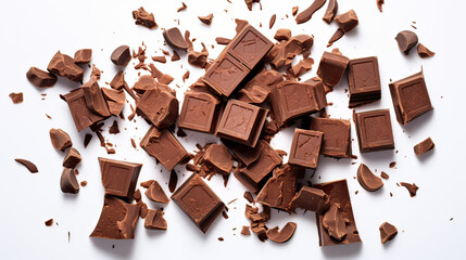 Overhead Flat Lay of Milk Chocolate Chunks with Chocolate Curl on Transparent Background