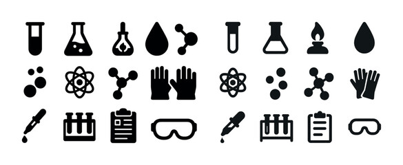 Science laboratory equipment icons: beakers, test tubes, molecules, atomic symbols