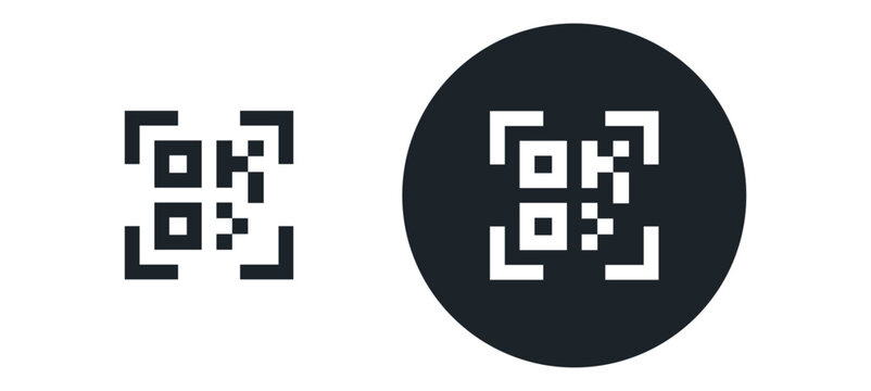 QR code scan icons : QR code scanning icon in two styles: a square crop and a solid black circle on a white background. for apps, payments, scanners, and digital access screens