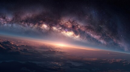 Fototapeta premium Cosmic Dawn over Planet: Witness the breathtaking panorama of a dawn as the radiant sun emerges, illuminating the Earth from space. The Milky Way gracefully arcs across the sky.