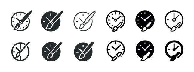 Set of paintbrush and clock icons in various styles for design projects