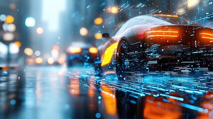 A sleek, futuristic car with glowing orange taillights and digital data streams flowing around it, driving on a wet city street at night with blurred lights in