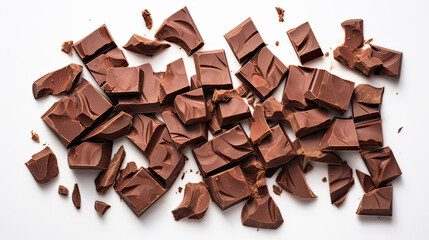 Overhead Flat Lay of Milk Chocolate Chunks with Chocolate Curl on Transparent Background