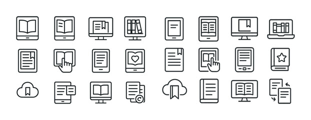 Set of 20 e-book and reading icons in line art style