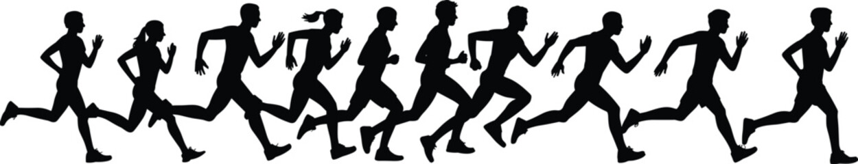 Silhouette of diverse runners in motion, athletic stride, fitness, sports activity, speed, energy, health, training, dynamic movement, outdoors