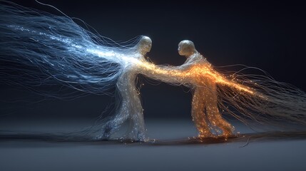 human figures intertwined by fiber optic cables, one glowing and one fading, symbolic connection in digital age, surreal conceptual realism, v7 
