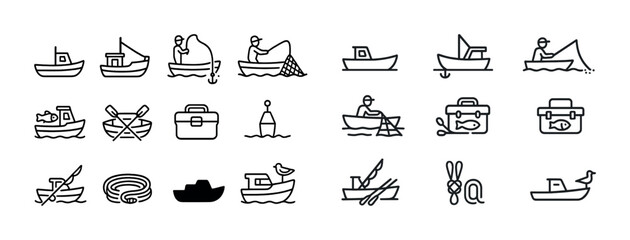 Collection of fishing icons: boats, fishermen, and equipment in various styles