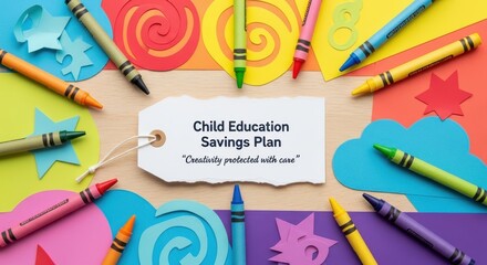 Child education savings plan concept with crayons and colorful shapes