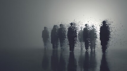 human silhouettes dissolving into pixels, fading digital link between them, concept of online disconnection, minimal cyber aesthetic, v7 cinematic soft light 