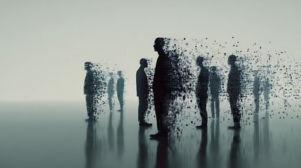 human silhouettes dissolving into pixels, fading digital link between them, concept of online disconnection, minimal cyber aesthetic, v7 cinematic soft light 
