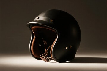 Fototapeta premium Isolated Black Motorcycle Helmet with Brown Lining and Strap Still Life