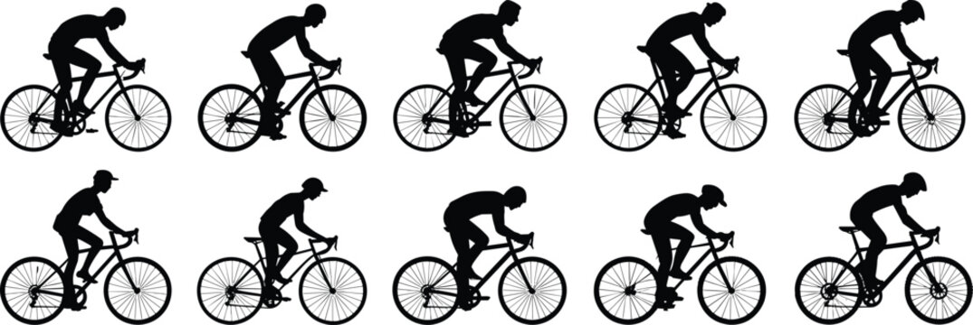 Silhouette of road cyclists in motion, racing posture, fitness, speed, endurance, sports activity, dynamic movement, training, health, lifestyle