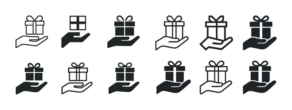 Gift box hand icons collection in various styles for versatile design use