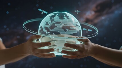 Two Pairs of Hands Gently Holding a Glowing Futuristic Planet Model with Rings and Satellites Orbiting in Deep Space