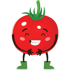 Happy Cartoon Tomato Character Wearing Green Boots Laughing With Closed Eyes and Cheeks Blush on Transparent Background Vibrant Red Fruit Illustration