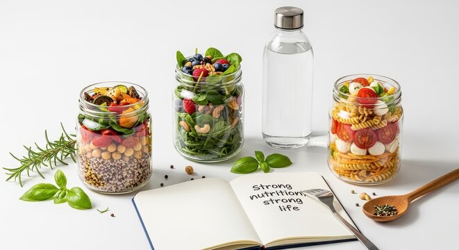 Healthy salads in glass jars and water bottle on a white table with a nutrition book