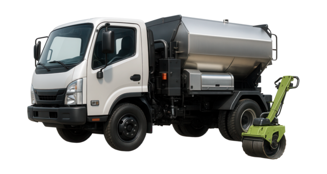 Pothole repair vehicle equipped with asphalt heater and compactor.