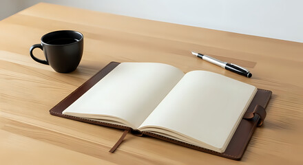 Inspiring workspace featuring an open journal notebook and coffee, ideal for planning, creative writing, or journaling at the office or home