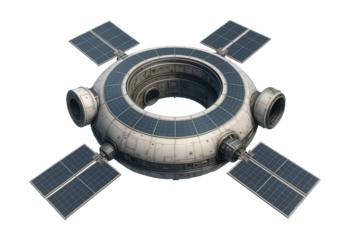 Round space station unit featuring solar panels and docking bays.