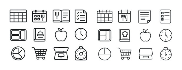 Outline icons: calendar, notebook, checklist, clock, food, shopping cart