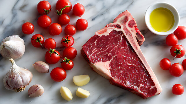 Raw T-bone steak surrounded by cherry tomatoes, garlic and a drizzle of olive oil