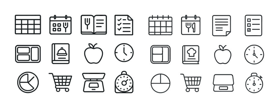 Outline icons: calendar, notebook, checklist, clock, food, shopping cart
