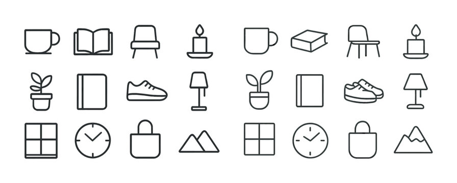 Minimalist line art icons of everyday objects including furniture and decor