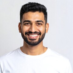 Obraz premium A young man with sleek black hair, styled neatly, wearing a casual blue shirt, stands confidently against a vibrant urban backdrop, smiling warmly.